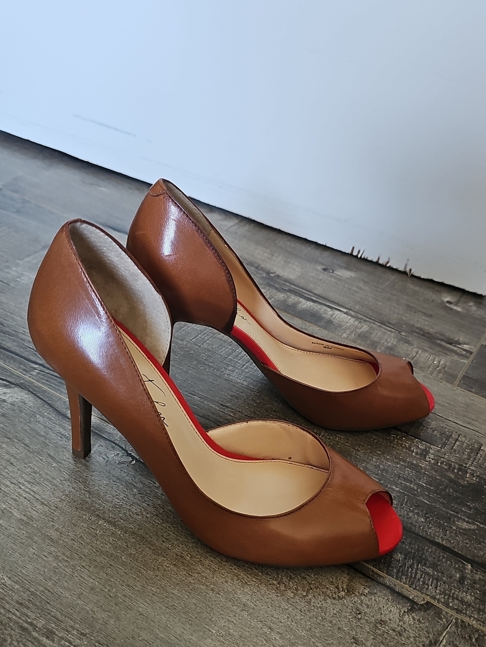 Marc Fisher Vintage Brown Peep-Toe High Heels with Red Toe Accent Size 6 Or 6.5
